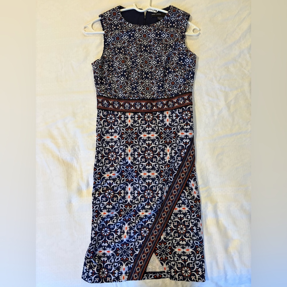 Maggy London Navy, White & Rust Printed  Dress